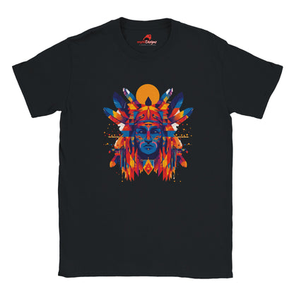 Front view of T-shirt with American Indian-style geometric vector design on black cotton fabric – soft unisex fit