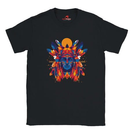 Front view of T-shirt with American Indian-style geometric vector design on black cotton fabric – soft unisex fit