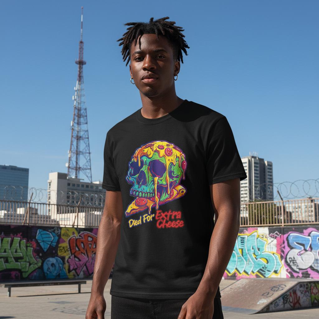 A young man standing outdoors in front of graffiti walls wearing a black T-shirt with a vibrant skull design made of melting pizza cheese and pepperoni slices. The text on the shirt reads “Died For Extra Cheese” in yellow and red. Urban, humorous streetwear aesthetic with strong neon colors.