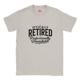 An ice gray crewneck t-shirt with a black graphic print that reads 'OFFICIALLY RETIRED Professionally Unavailable' on the front, displayed against a solid white background.