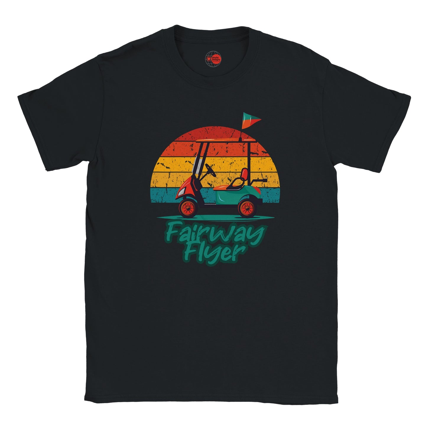 Black t-shirt with 'Fairway Flyer' graphic design featuring a golf cart and sunset.