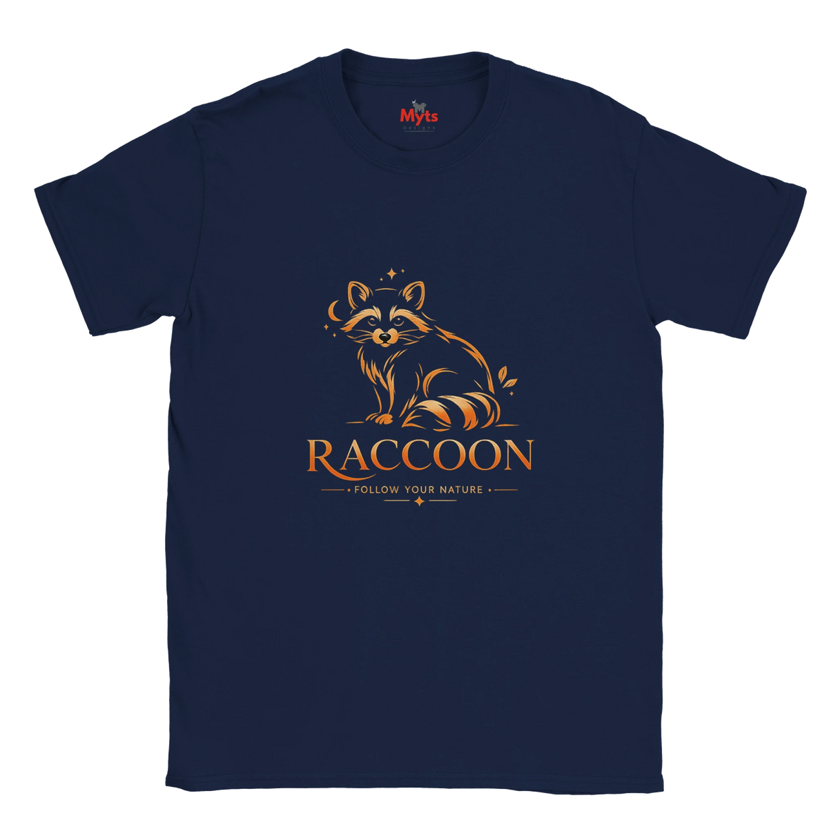 A navy blue short-sleeve crewneck t-shirt featuring a stylized golden-brown raccoon graphic and the word 'RACCOON' with the phrase 'FOLLOW YOUR NATURE' printed on the chest.