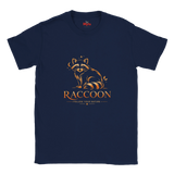 A navy blue short-sleeve crewneck t-shirt featuring a stylized golden-brown raccoon graphic and the word 'RACCOON' with the phrase 'FOLLOW YOUR NATURE' printed on the chest.