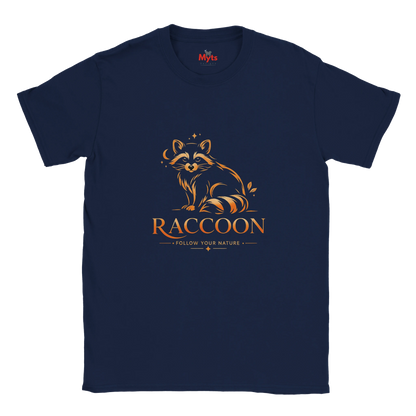 A navy blue short-sleeve crewneck t-shirt featuring a stylized golden-brown raccoon graphic and the word 'RACCOON' with the phrase 'FOLLOW YOUR NATURE' printed on the chest.