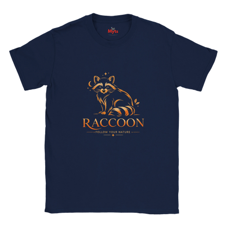 A navy blue short-sleeve crewneck t-shirt featuring a stylized golden-brown raccoon graphic and the word 'RACCOON' with the phrase 'FOLLOW YOUR NATURE' printed on the chest.
