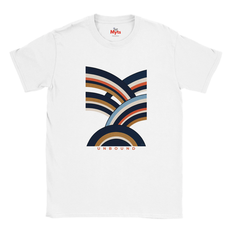 A white short-sleeve crewneck t-shirt featuring a retro-style multicolor graphic on the chest with concentric arches in navy, tan, orange, and light blue, and the word 'UNBOUND' printed below. The inner collar shows the red and white 'Myts' brand logo.