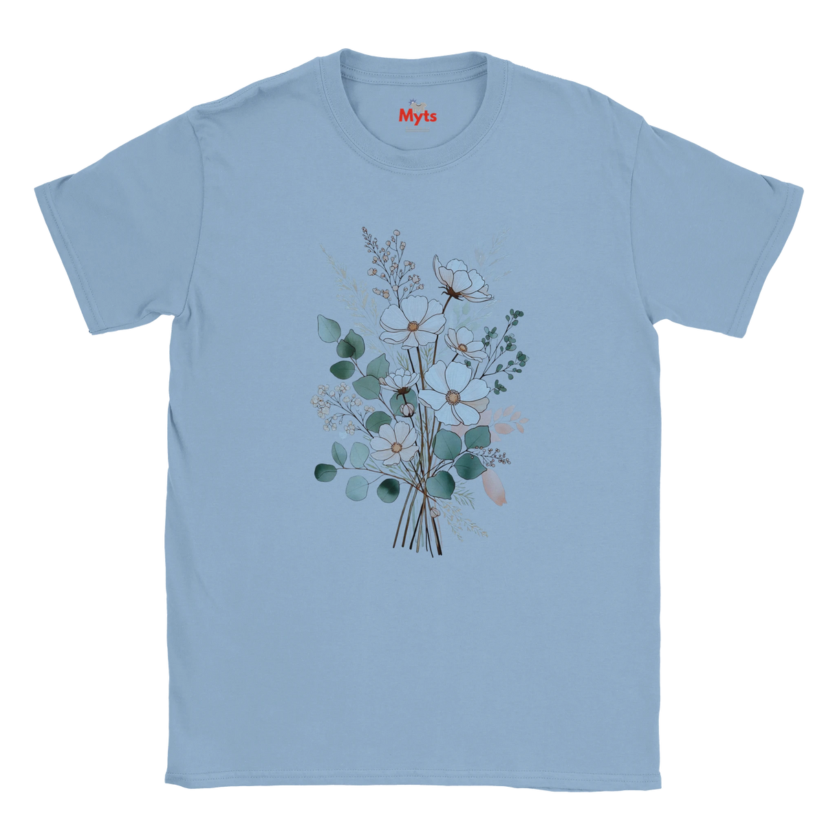 A light blue short-sleeve crewneck t-shirt featuring a central graphic of a watercolor-style floral bouquet with green, white, and peach blossoms. The brand name 'Myts' is printed in red on the inside neck label.