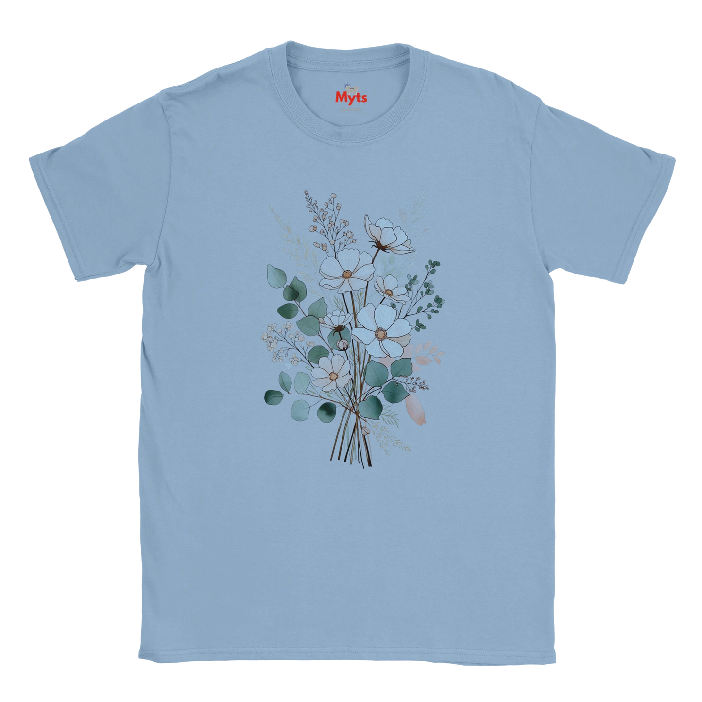 A light blue short-sleeve crewneck t-shirt featuring a central graphic of a watercolor-style floral bouquet with green, white, and peach blossoms. The brand name 'Myts' is printed in red on the inside neck label.