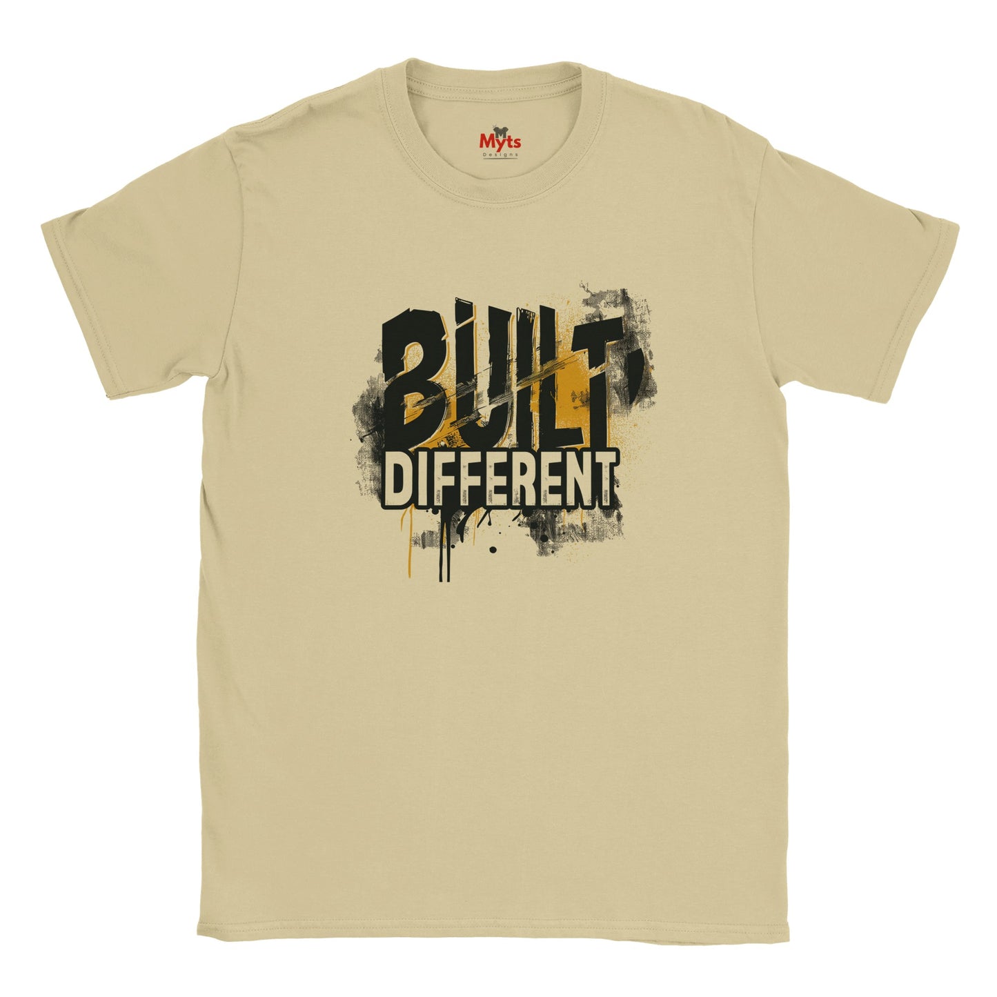 Natural t-shirt with 'Built Different' text design on a white background