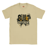 Natural t-shirt with 'Built Different' text design on a white background