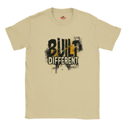 Natural t-shirt with 'Built Different' text design on a white background