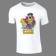 A white t-shirt with a colorful graphic print of an otter wearing sunglasses and riding a wave.