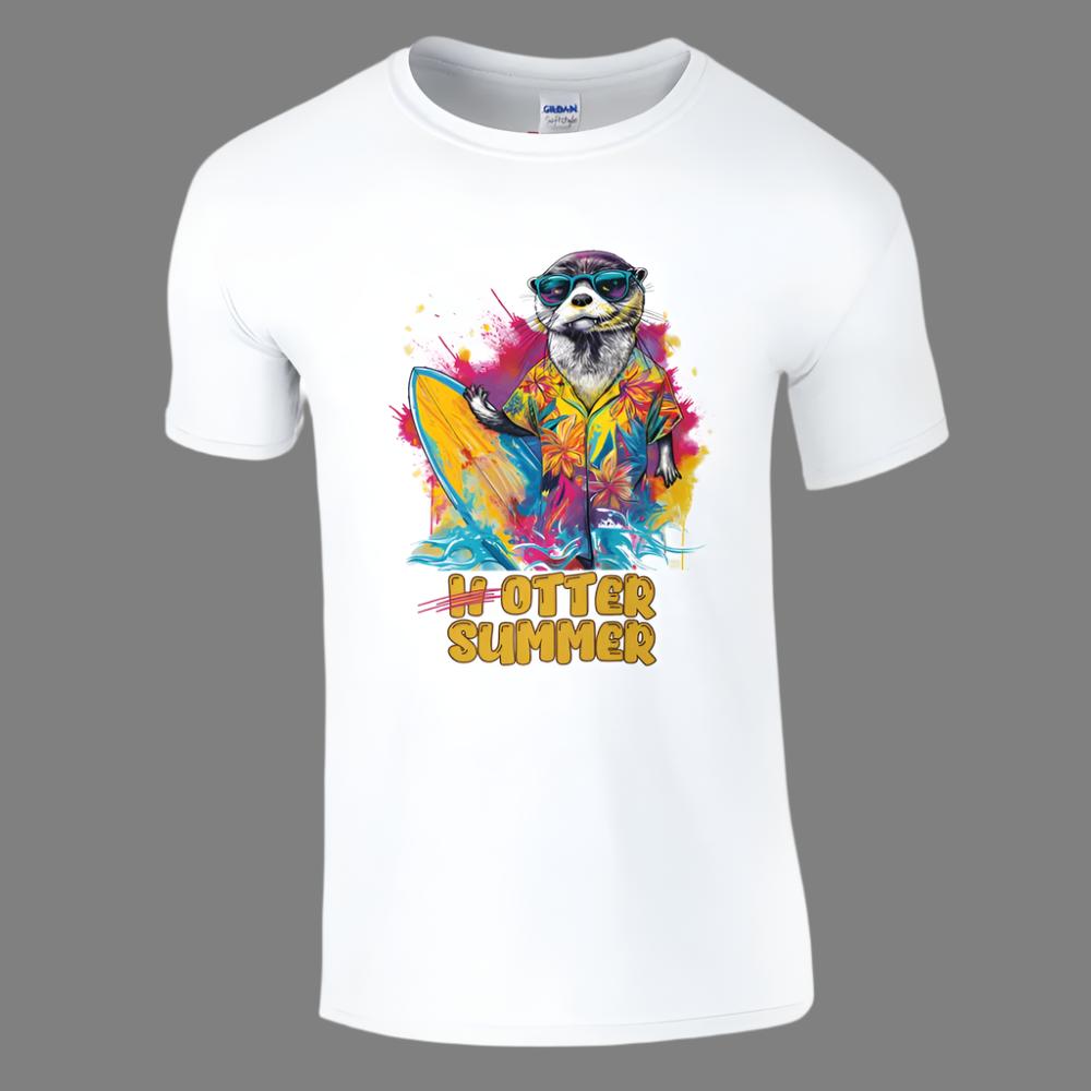 A white t-shirt with a colorful graphic print of an otter wearing sunglasses and riding a wave.