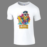 A white t-shirt with a colorful graphic print of an otter wearing sunglasses and riding a wave.