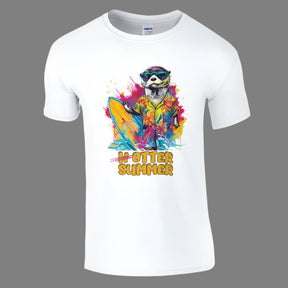 A white t-shirt with a colorful graphic print of an otter wearing sunglasses and riding a wave.