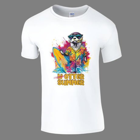 A white t-shirt with a colorful graphic print of an otter wearing sunglasses and riding a wave.