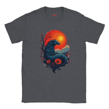 Dark gray t-shirt with a blue dragon design on a white background