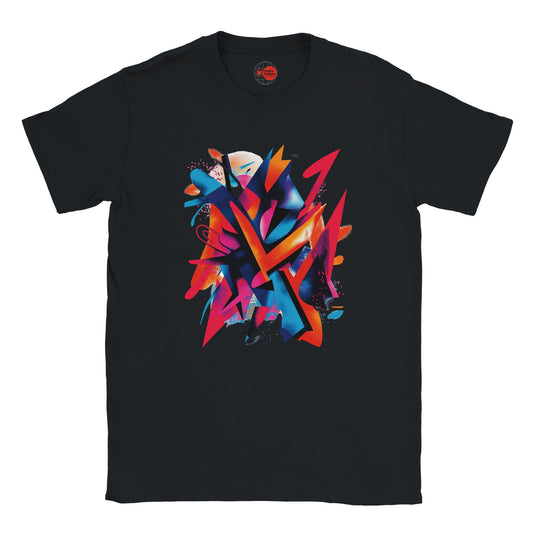“Black T-shirt with ‘The Mess’ geometric abstract design in vibrant multi-colored shapes on soft cotton, unisex tubular fit with MytsDesigns branding.”