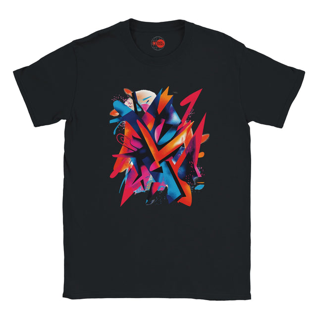“Black T-shirt with ‘The Mess’ geometric abstract design in vibrant multi-colored shapes on soft cotton, unisex tubular fit with MytsDesigns branding.”