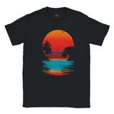Black t-shirt with a colorful sunset and palm tree design on a white background