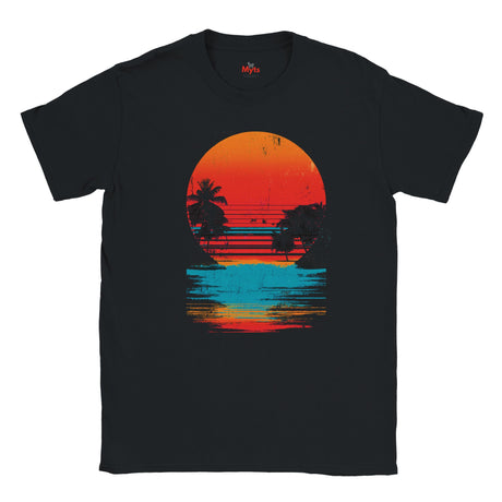 Black t-shirt with a colorful sunset and palm tree design on a white background