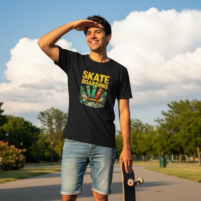 Person holding a skateboard with a 'Skateboarding' t-shirt in a park setting