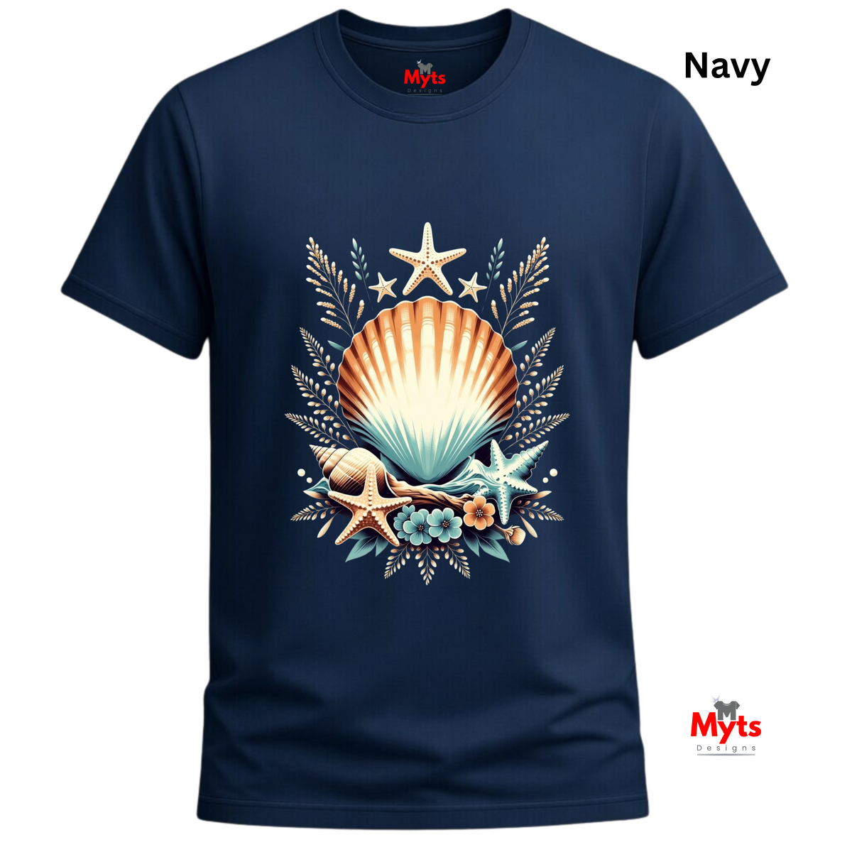 A navy blue short-sleeve t-shirt with a central graphic of a seashell, starfish, and seagrass. The word 'Navy' is printed in black in the top right corner, and the brand 'Myts' is visible on the inner neck label and as a watermark in the bottom right corner.