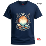 A navy blue short-sleeve t-shirt with a central graphic of a seashell, starfish, and seagrass. The word 'Navy' is printed in black in the top right corner, and the brand 'Myts' is visible on the inner neck label and as a watermark in the bottom right corner.