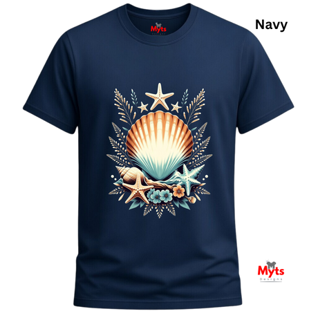 A navy blue short-sleeve t-shirt with a central graphic of a seashell, starfish, and seagrass. The word 'Navy' is printed in black in the top right corner, and the brand 'Myts' is visible on the inner neck label and as a watermark in the bottom right corner.