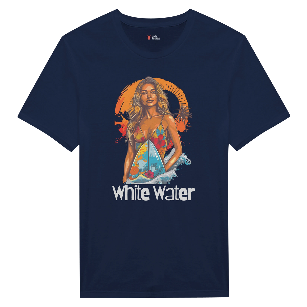 Navy t-shirt with a graphic print of a female surfer in a multicolored swimsuit against a tropical sunset backdrop, with the text 'White Water'.