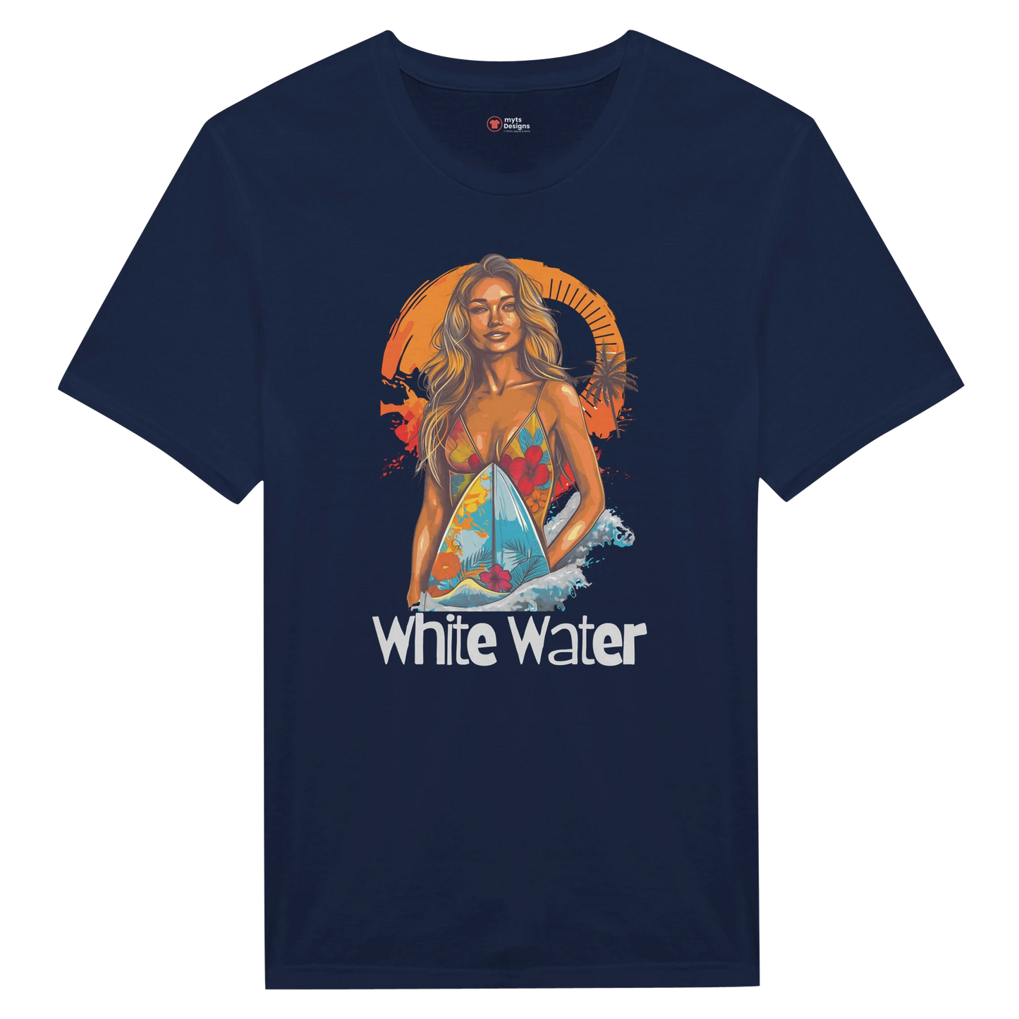 Navy t-shirt with a graphic print of a female surfer in a multicolored swimsuit against a tropical sunset backdrop, with the text 'White Water'.