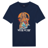 Navy t-shirt with a graphic print of a female surfer in a multicolored swimsuit against a tropical sunset backdrop, with the text 'White Water'.