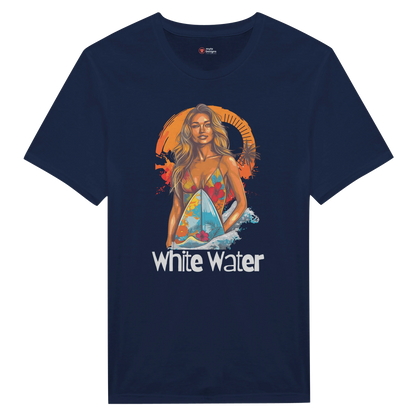 Navy t-shirt with a graphic print of a female surfer in a multicolored swimsuit against a tropical sunset backdrop, with the text 'White Water'.