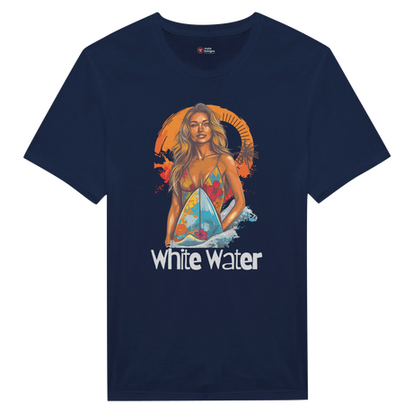 Navy t-shirt with a graphic print of a female surfer in a multicolored swimsuit against a tropical sunset backdrop, with the text 'White Water'.