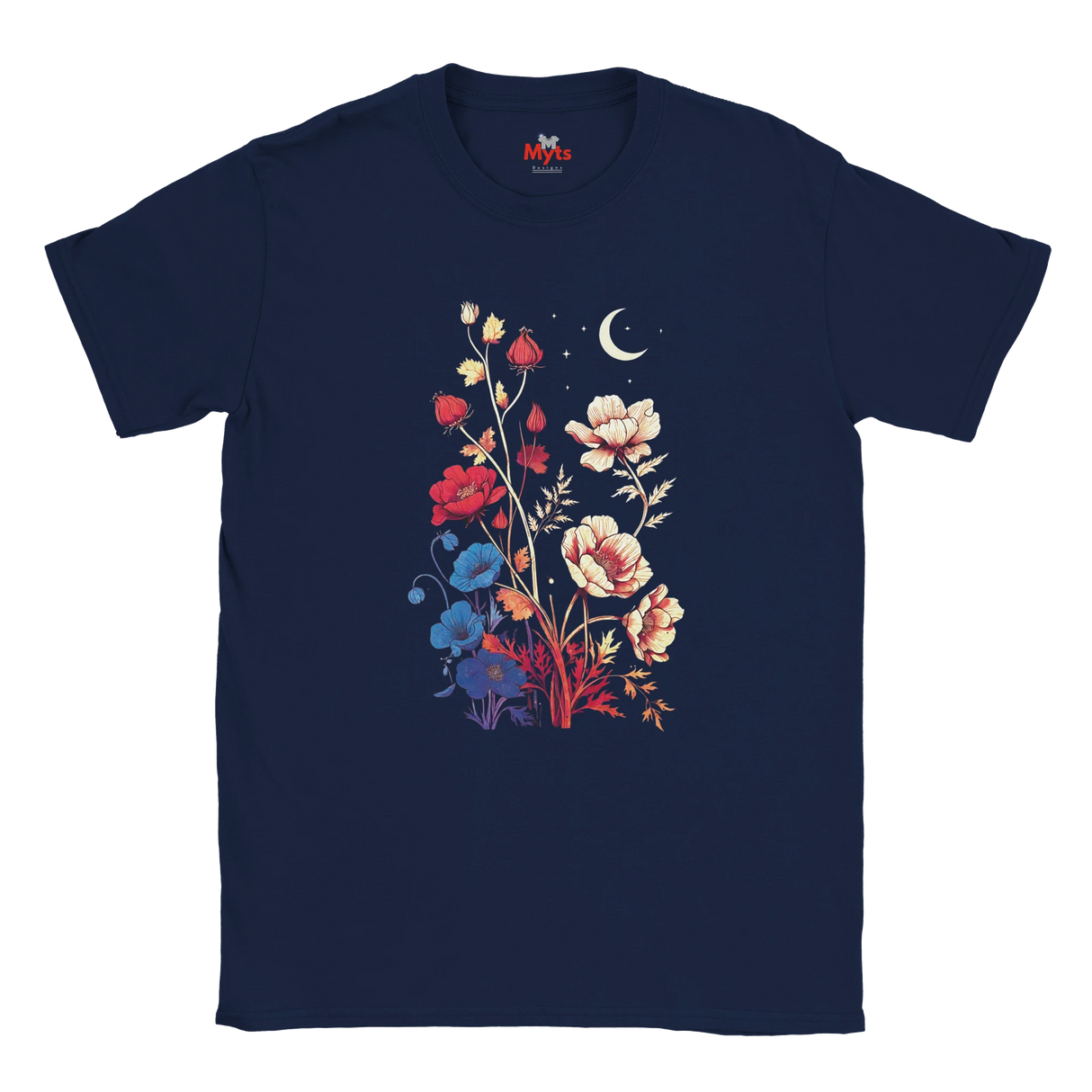 A navy blue short-sleeve crewneck t-shirt featuring a colorful graphic print of wildflowers, a crescent moon, and stars on the front, displayed against a solid white background.