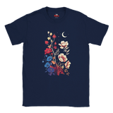 A navy blue short-sleeve crewneck t-shirt featuring a colorful graphic print of wildflowers, a crescent moon, and stars on the front, displayed against a solid white background.