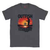 Dark Heather t-shirt with a fishing graphic and 'Outfish Yesterday' text on a white background