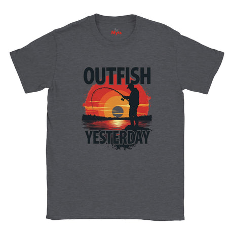Dark Heather t-shirt with a fishing graphic and 'Outfish Yesterday' text on a white background