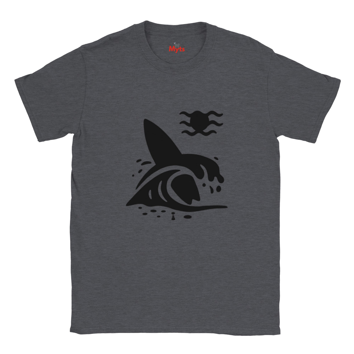 Dark Heather t-shirt with a black surfboard and wave graphic on a white background