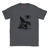 Dark Heather t-shirt with a black surfboard and wave graphic on a white background