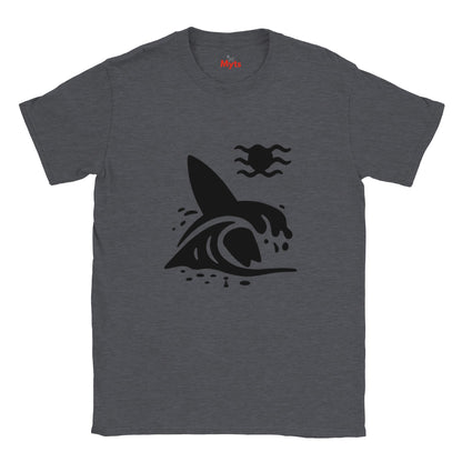 Dark Heather t-shirt with a black surfboard and wave graphic on a white background
