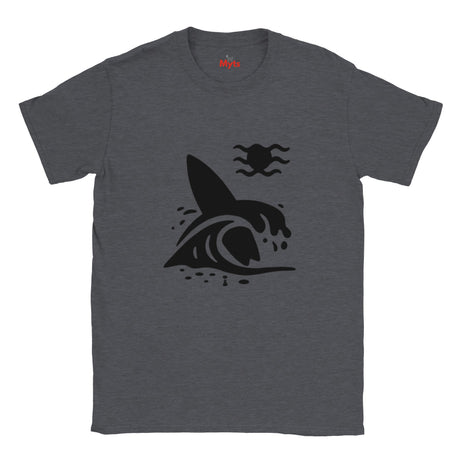 Dark Heather t-shirt with a black surfboard and wave graphic on a white background