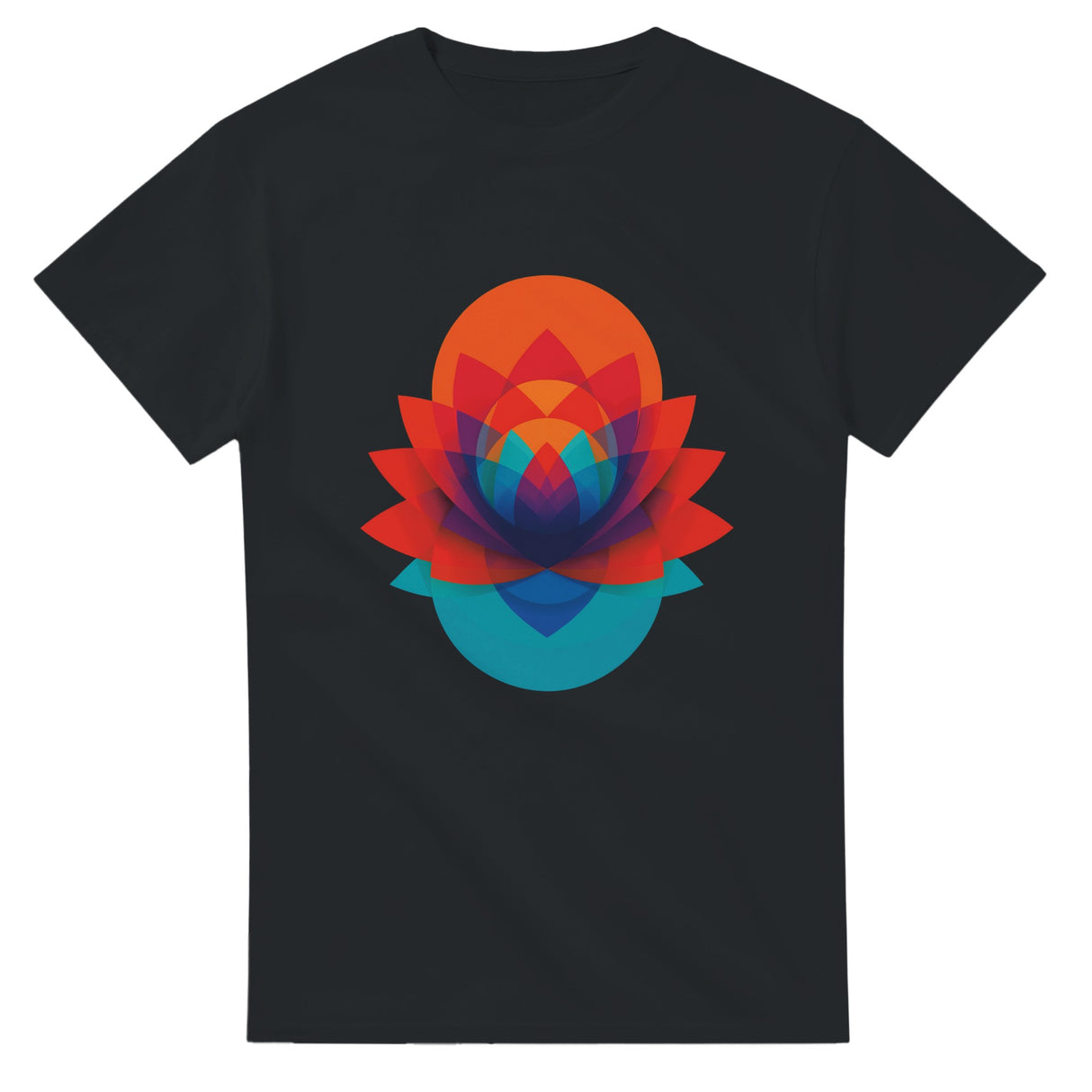 Black t-shirt with a colorful geometric lotus design on a white background