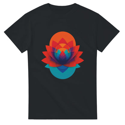 Black t-shirt with a colorful geometric lotus design on a white background