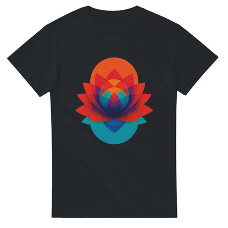 Black t-shirt with a colorful geometric lotus design on a white background