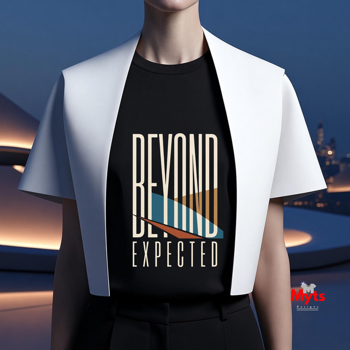 A person wearing a black graphic T-shirt under a white cropped jacket, with the text 'BEYOND EXPECTED' printed on the shirt. The background is a blurred futuristic city scene at dusk.