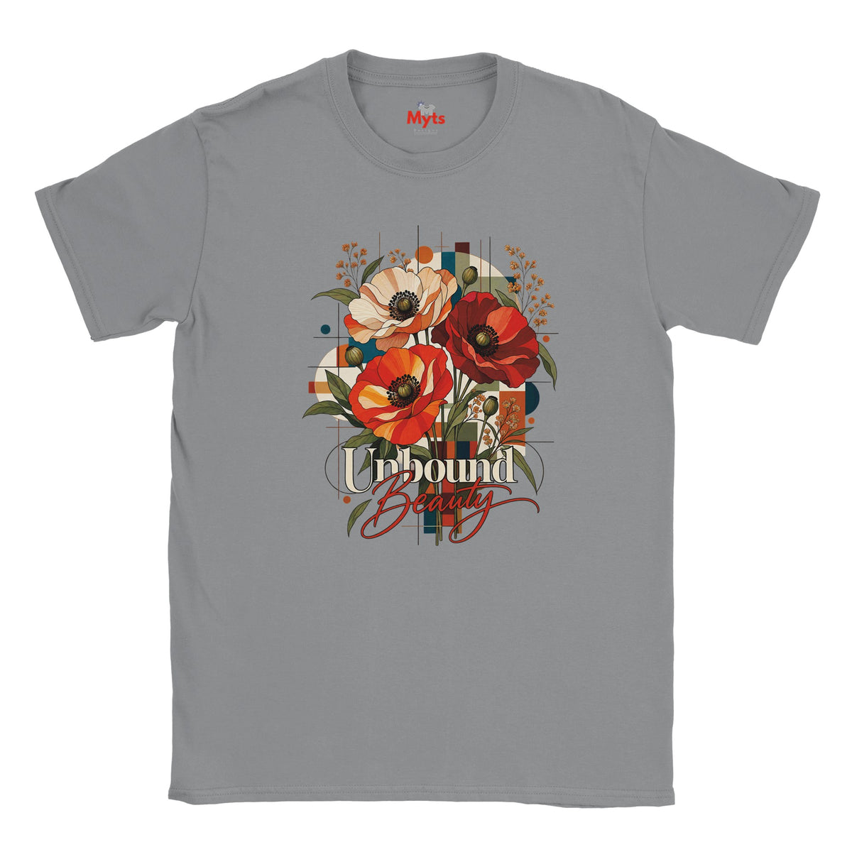 A sports Grey Unbound Beauty graphic T-shirt with red, orange and cream poppy flowers, geometric accents and retro typography.