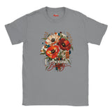 A sports Grey Unbound Beauty graphic T-shirt with red, orange and cream poppy flowers, geometric accents and retro typography.