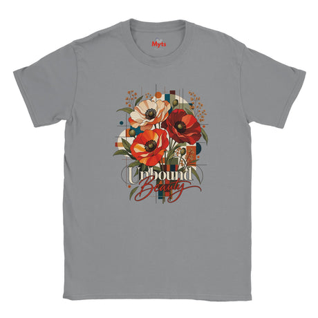 A sports Grey Unbound Beauty graphic T-shirt with red, orange and cream poppy flowers, geometric accents and retro typography.
