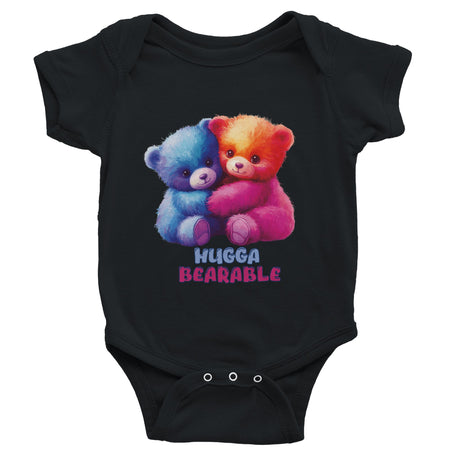A black short sleeve bodysuit for babies with a colorful bear design and the text 'HUGGA BEARABLE' printed on the front.
